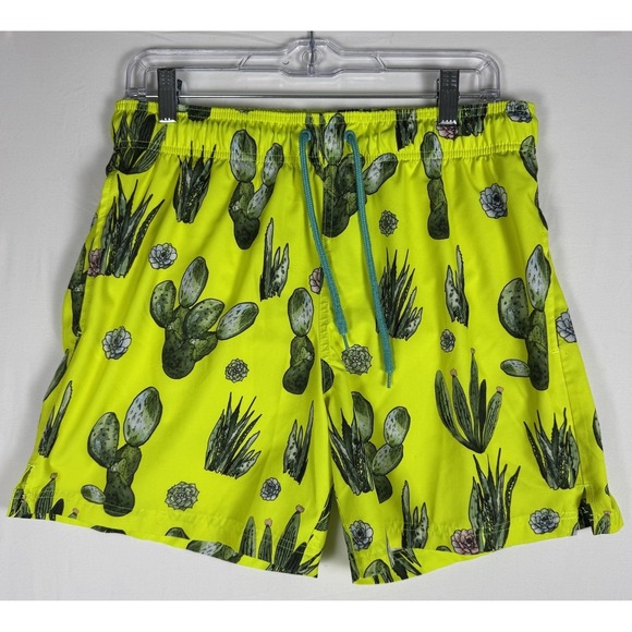 Jake Austin Other - Jake Austin Swim Trunks Mens M Neon Yellow Cactus Print Mesh Lined Drawstring